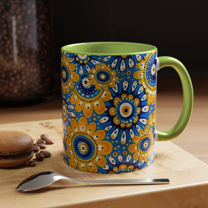 Bold Blue and Gold Flora,l Mug  Retro Boho Flower Coffee Cup, Vibrant Mandala-Inspired Pattern