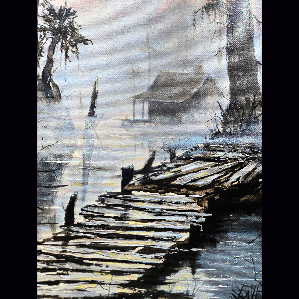 Southern Gothic Swamp Painting – Original 11x14 Acrylic on Canvas | Misty Bayou Cabin & Dock Art | Moody Louisiana Landscape