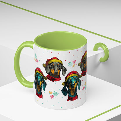 Dachshund Christmas Mug - Holiday Wiener Dog Cup - Cute Doxie Dog Lover Gift - Santa Hat Dachshund Coffee Mug - Colorful Dog Art Mug