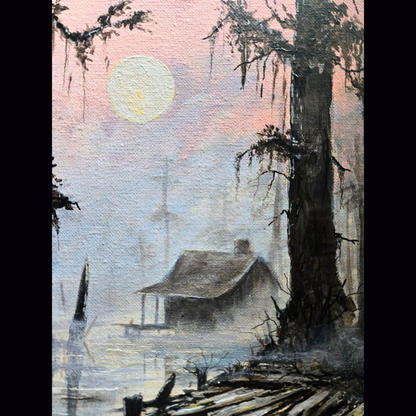 Southern Gothic Swamp Painting – Original 11x14 Acrylic on Canvas | Misty Bayou Cabin & Dock Art | Moody Louisiana Landscape