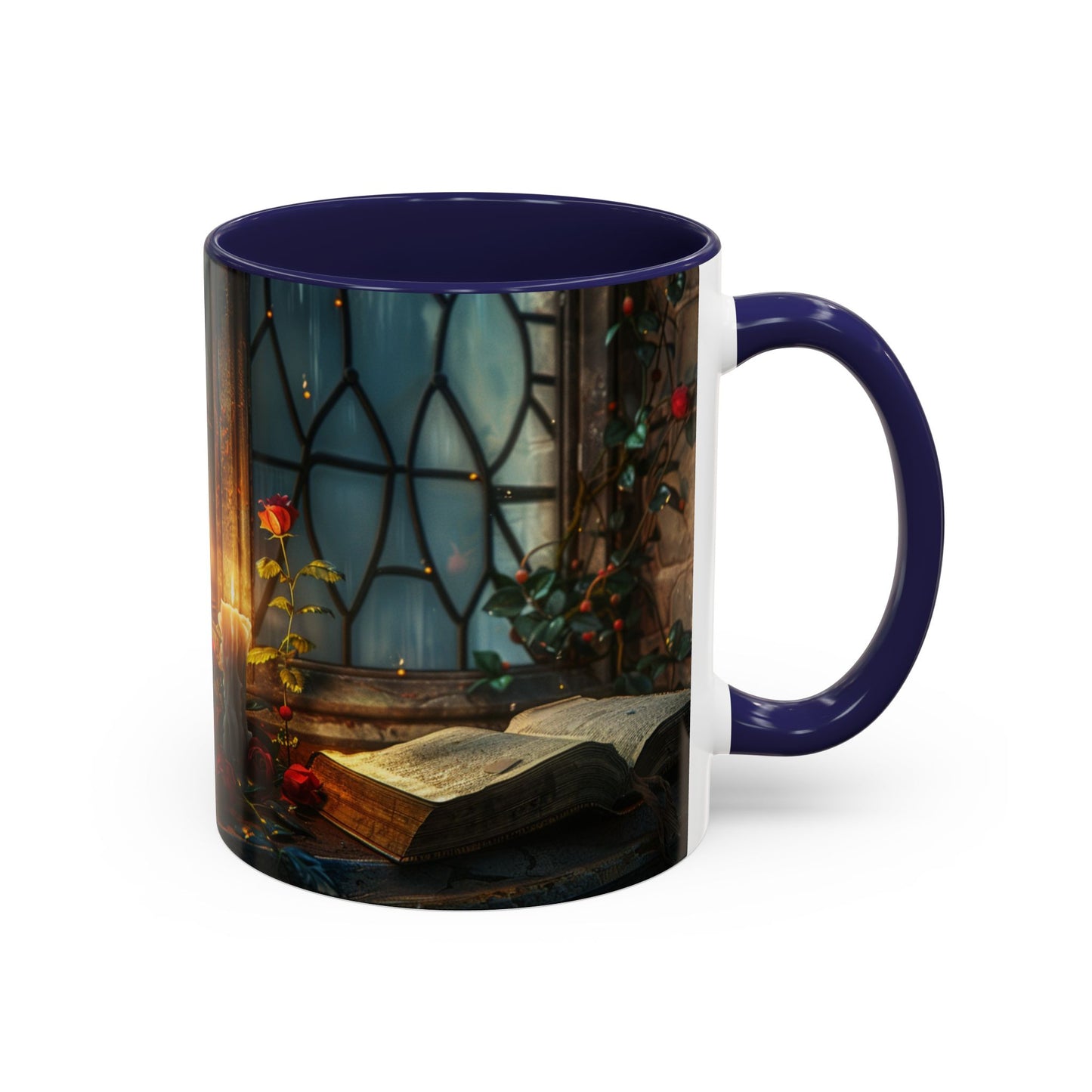 Candlelight Study Mug, Gothic Book and Roses Coffee Cup, Cozy Dark Academia Library Gift, Anniversary, Soft Atmosphere