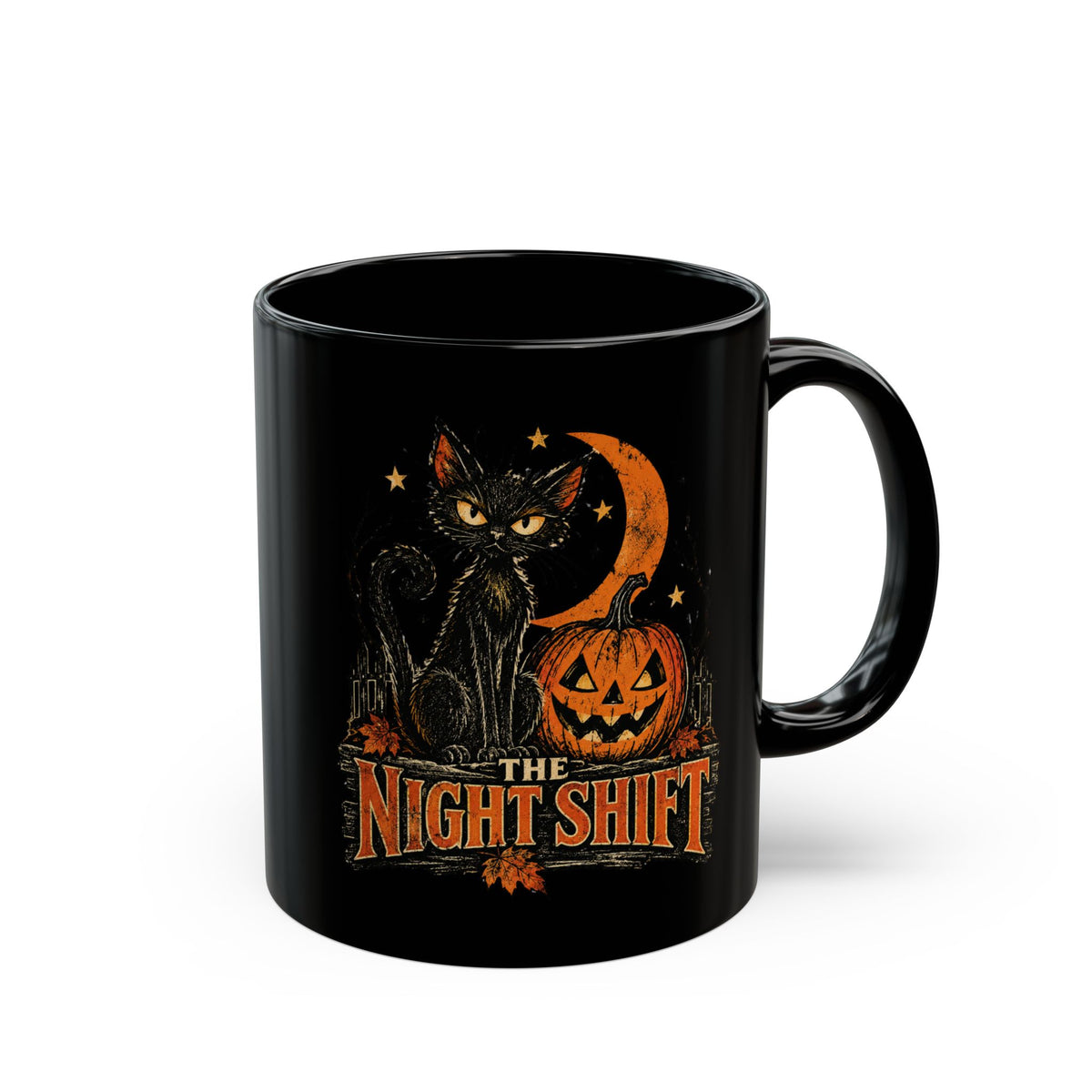 Night Shift black cat pumpkin mug | Halloween coffee mug