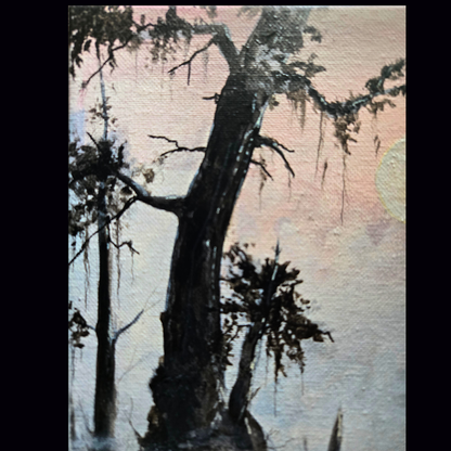 Southern Gothic Swamp Painting – Original 11x14 Acrylic on Canvas | Misty Bayou Cabin & Dock Art | Moody Louisiana Landscape