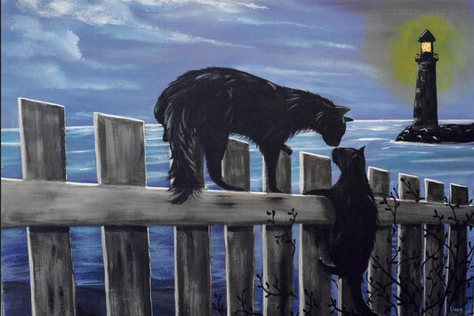 Texas Coastal Lighthouse Cats – Original Acrylic Artwork Print (Hand-Painted Cat & Seaside Scene)