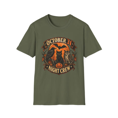 October 31 Night Crew Shirt, Vintage Halloween Graphic Tee, Black Cat Raven Owl Bat Shirt, Spooky Fall T-Shirt, Halloween Night Crew
