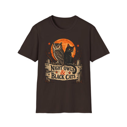 Night Owls & Black Cats Halloween Shirt, Vintage Owl and Cat T-Shirt, Retro Halloween Moon Tee, Spooky Animal Lover Shirt