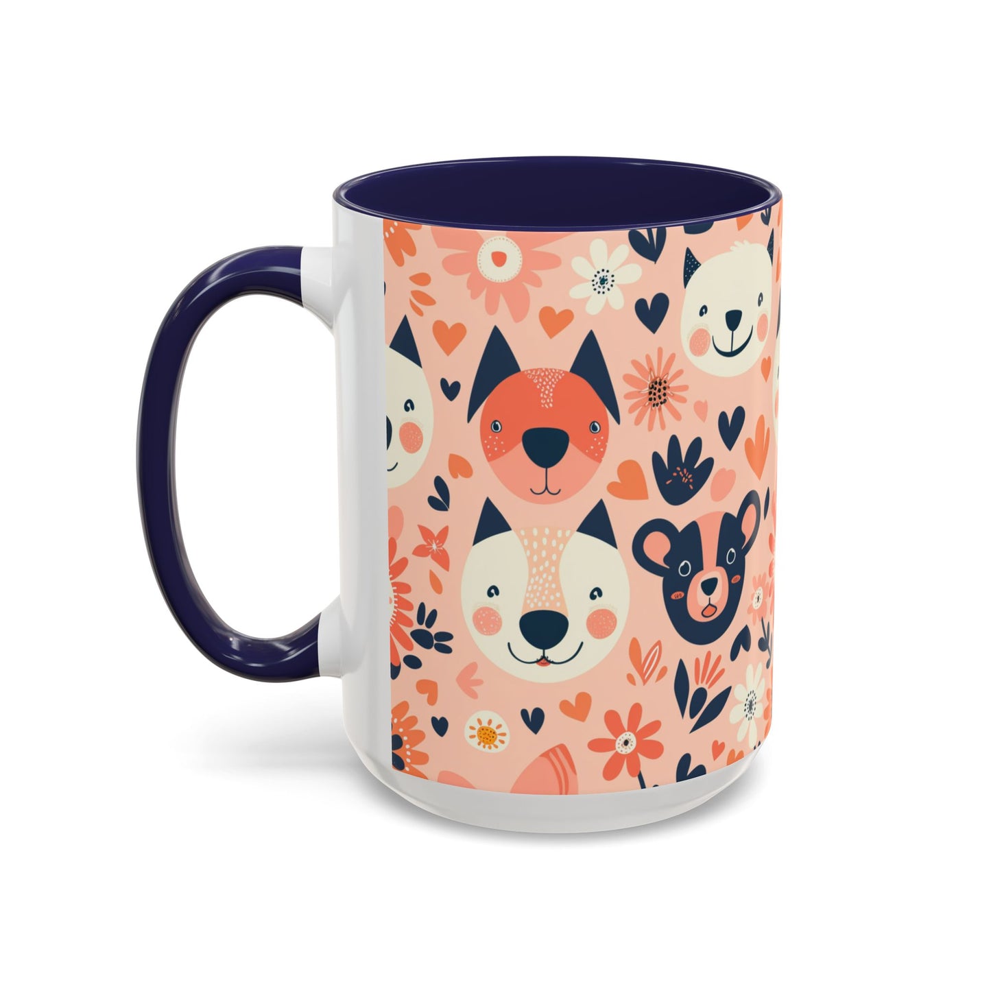 Whimsical Woodland Animals Mug, Cute Fox & Bear Coffee Cup, Peach and Navy Forest Friends Gift