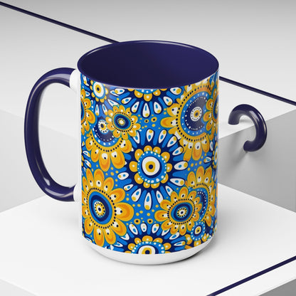 Bold Blue and Gold Flora,l Mug  Retro Boho Flower Coffee Cup, Vibrant Mandala-Inspired Pattern