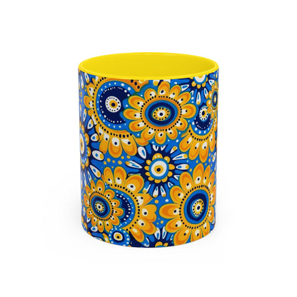 Bold Blue and Gold Flora,l Mug  Retro Boho Flower Coffee Cup, Vibrant Mandala-Inspired Pattern