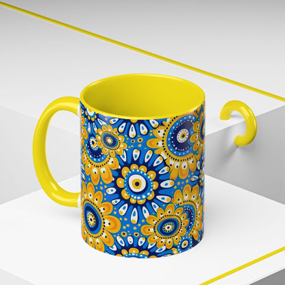 Bold Blue and Gold Flora,l Mug  Retro Boho Flower Coffee Cup, Vibrant Mandala-Inspired Pattern