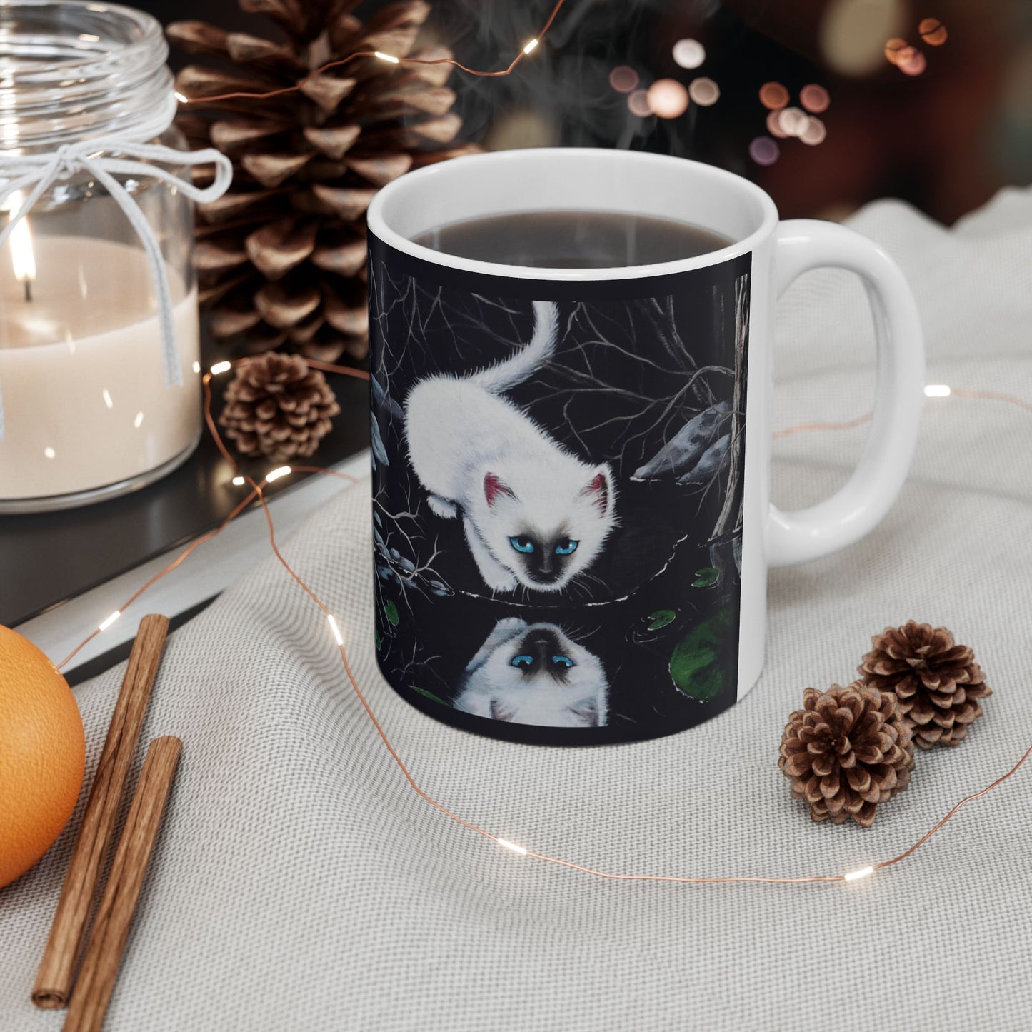White Siamese Kitten Reflection Mug - Art Print Coffee Cup, Fantasy Cat Artwork, Cute Blue-Eyed Kitten Ceramic Mug, Artist Painted Design