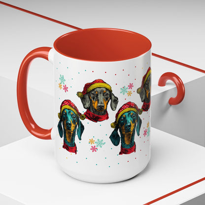 Dachshund Christmas Mug - Holiday Wiener Dog Cup - Cute Doxie Dog Lover Gift - Santa Hat Dachshund Coffee Mug - Colorful Dog Art Mug