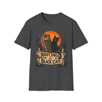 Night Owls & Black Cats Halloween Shirt, Vintage Owl and Cat T-Shirt, Retro Halloween Moon Tee, Spooky Animal Lover Shirt