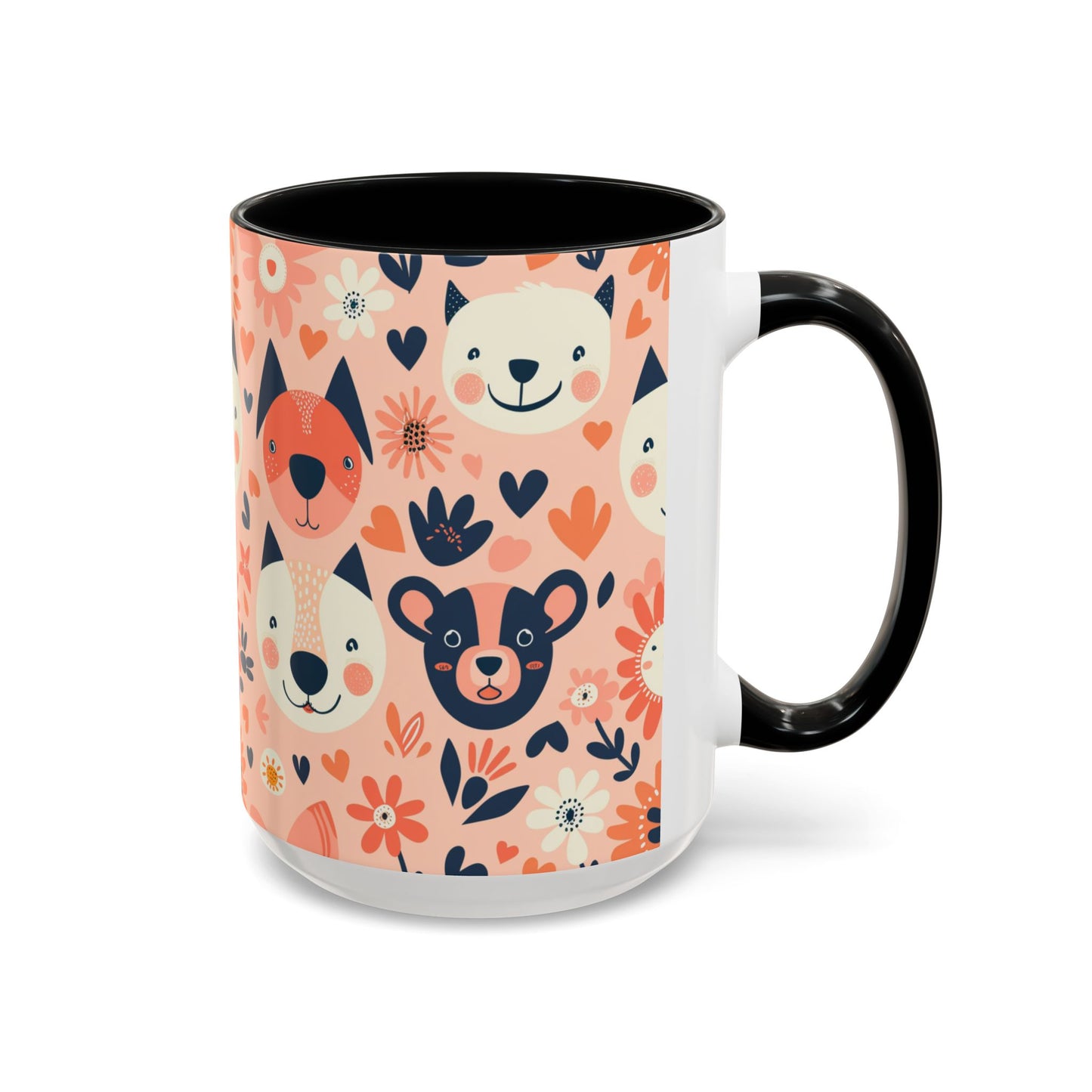Whimsical Woodland Animals Mug, Cute Fox & Bear Coffee Cup, Peach and Navy Forest Friends Gift