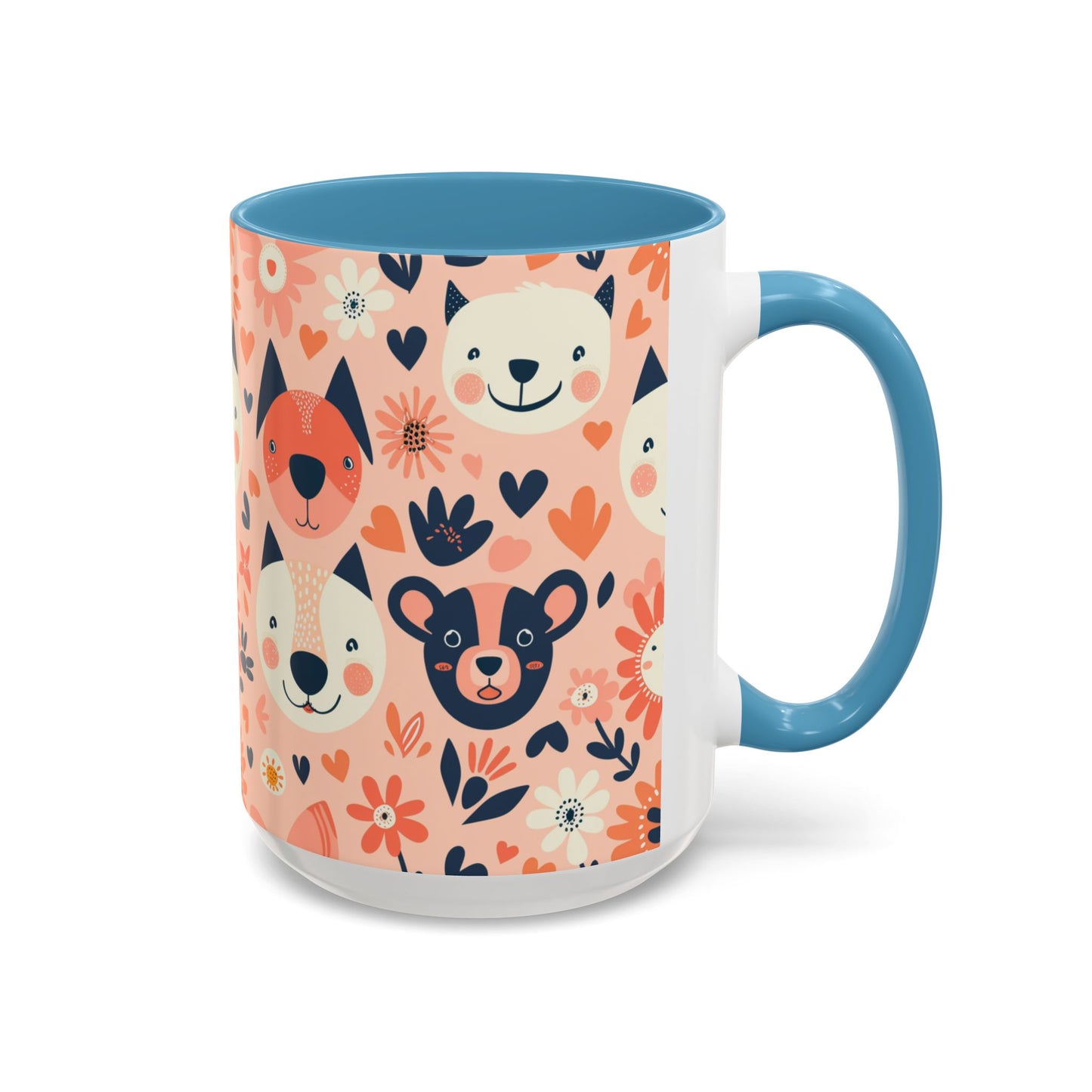 Whimsical Woodland Animals Mug, Cute Fox & Bear Coffee Cup, Peach and Navy Forest Friends Gift