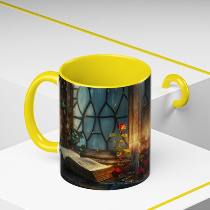 Candlelight Study Mug, Gothic Book and Roses Coffee Cup, Cozy Dark Academia Library Gift, Anniversary, Soft Atmosphere