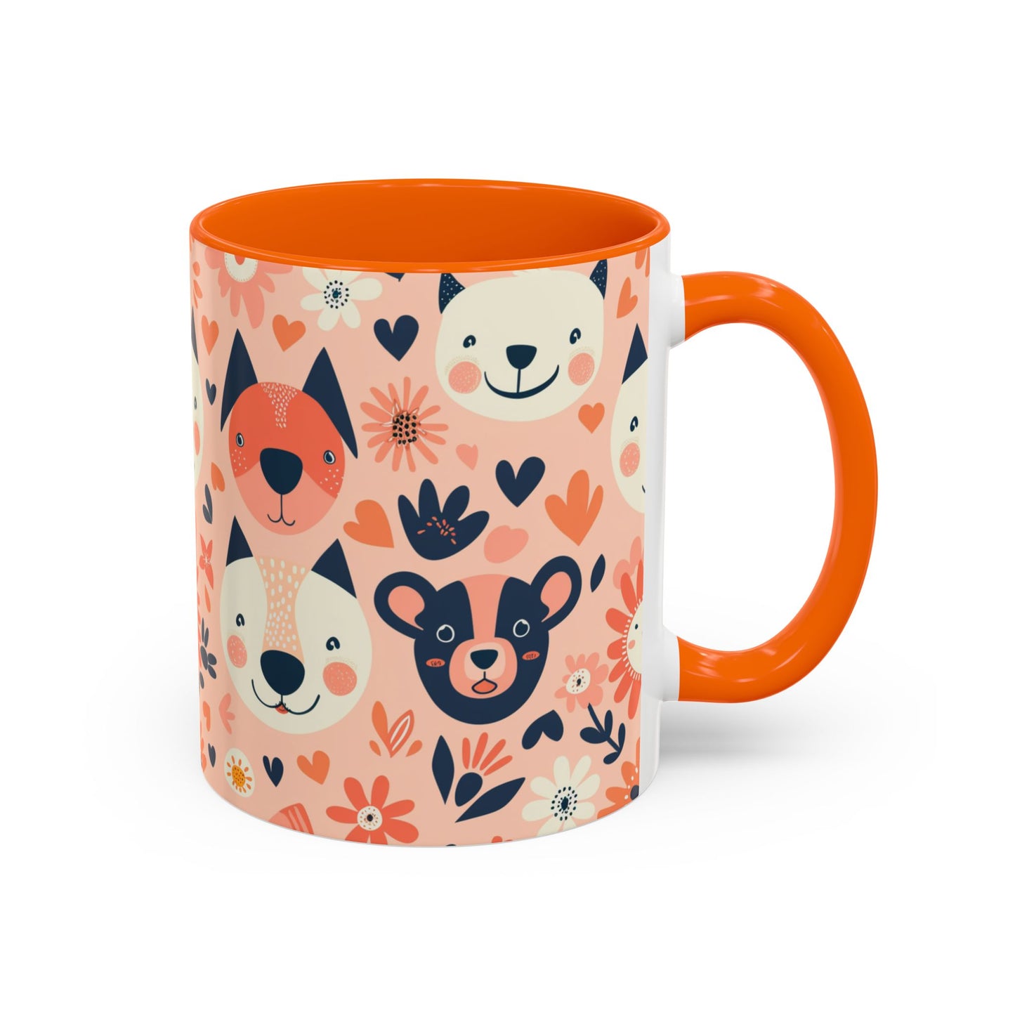 Whimsical Woodland Animals Mug, Cute Fox & Bear Coffee Cup, Peach and Navy Forest Friends Gift