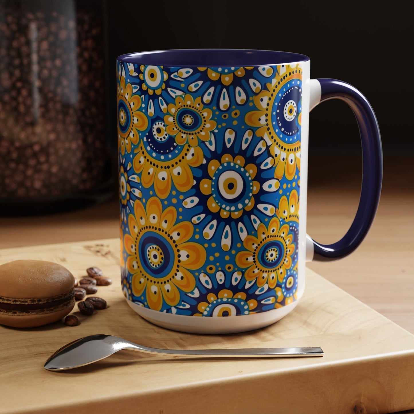 Bold Blue and Gold Flora,l Mug  Retro Boho Flower Coffee Cup, Vibrant Mandala-Inspired Pattern