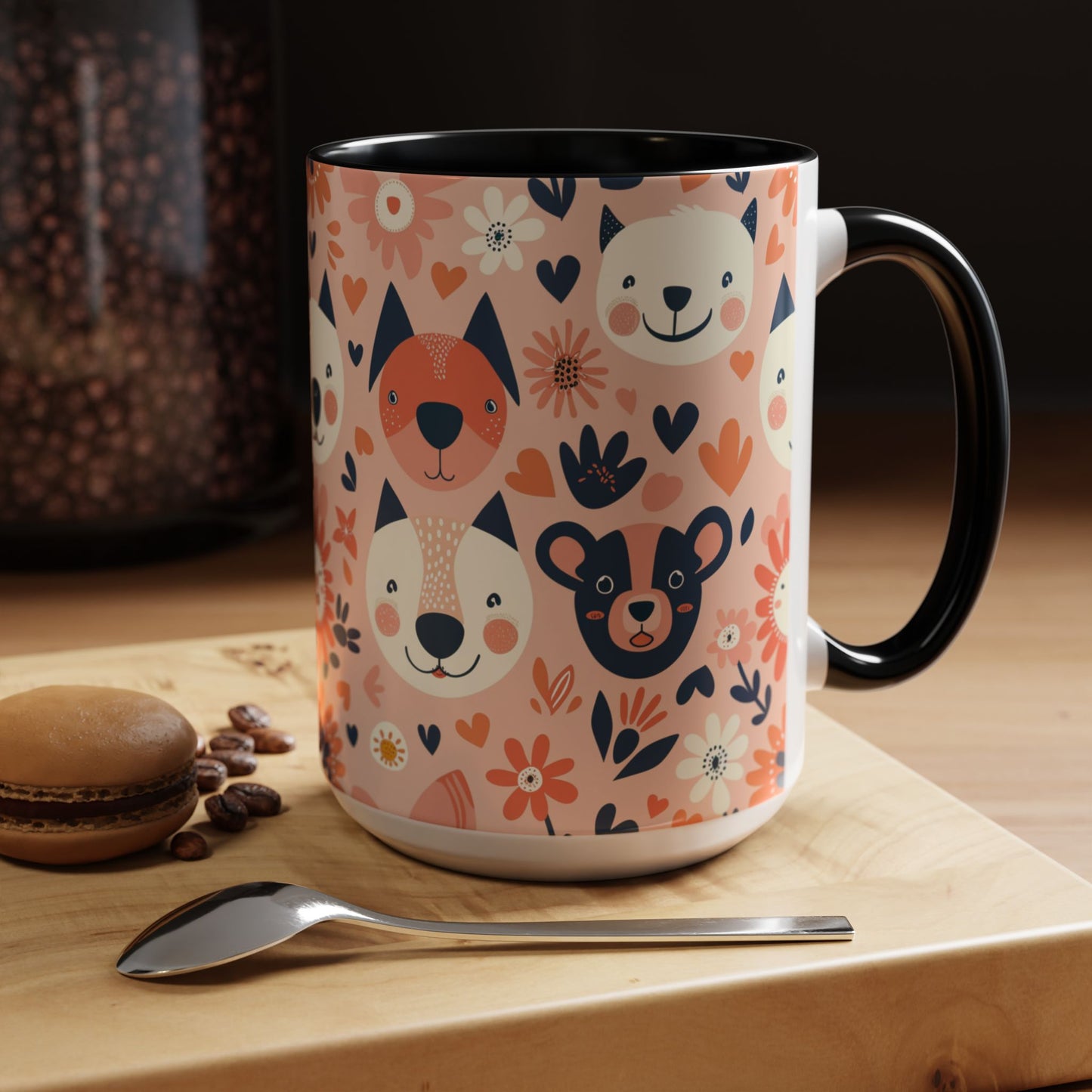 Whimsical Woodland Animals Mug, Cute Fox & Bear Coffee Cup, Peach and Navy Forest Friends Gift