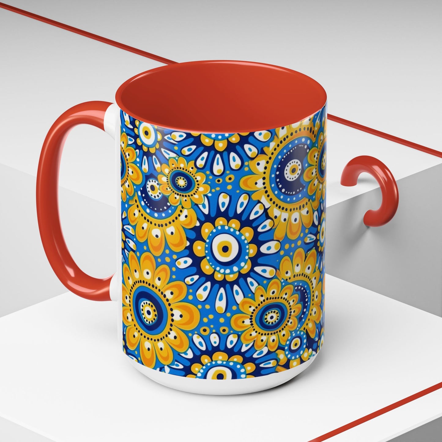 Bold Blue and Gold Flora,l Mug  Retro Boho Flower Coffee Cup, Vibrant Mandala-Inspired Pattern