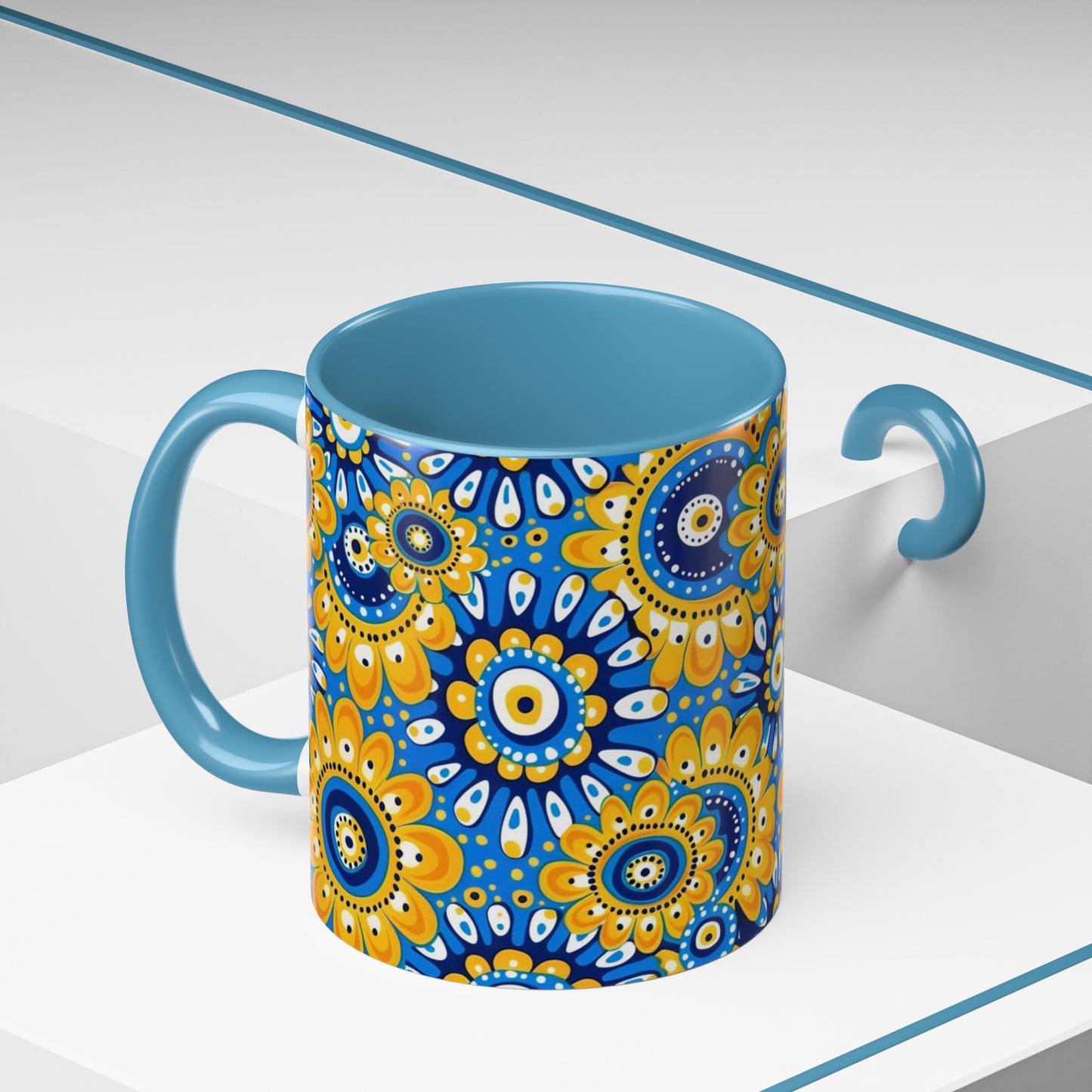Bold Blue and Gold Flora,l Mug  Retro Boho Flower Coffee Cup, Vibrant Mandala-Inspired Pattern