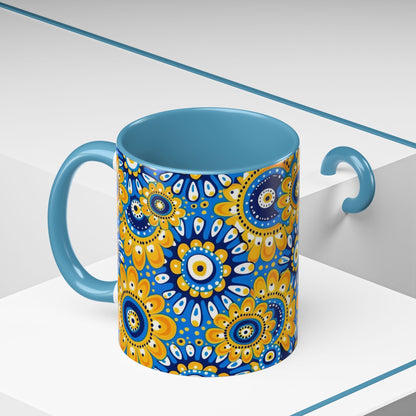 Bold Blue and Gold Flora,l Mug  Retro Boho Flower Coffee Cup, Vibrant Mandala-Inspired Pattern