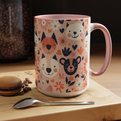 Whimsical Woodland Animals Mug, Cute Fox & Bear Coffee Cup, Peach and Navy Forest Friends Gift