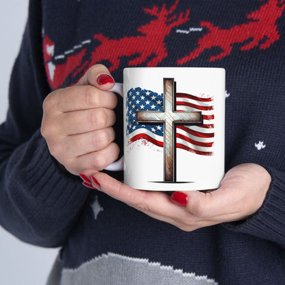 Faith & Freedom Mug, American Flag and Cross, Christian Patriot Coffee Cup, Inspirational USA Gift, God Bless America Mug