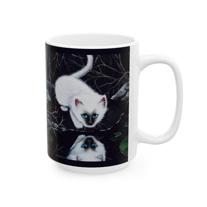 White Siamese Kitten Reflection Mug - Art Print Coffee Cup, Fantasy Cat Artwork, Cute Blue-Eyed Kitten Ceramic Mug, Artist Painted Design