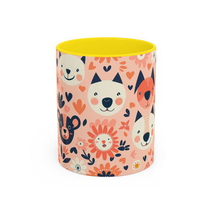 Whimsical Woodland Animals Mug, Cute Fox & Bear Coffee Cup, Peach and Navy Forest Friends Gift