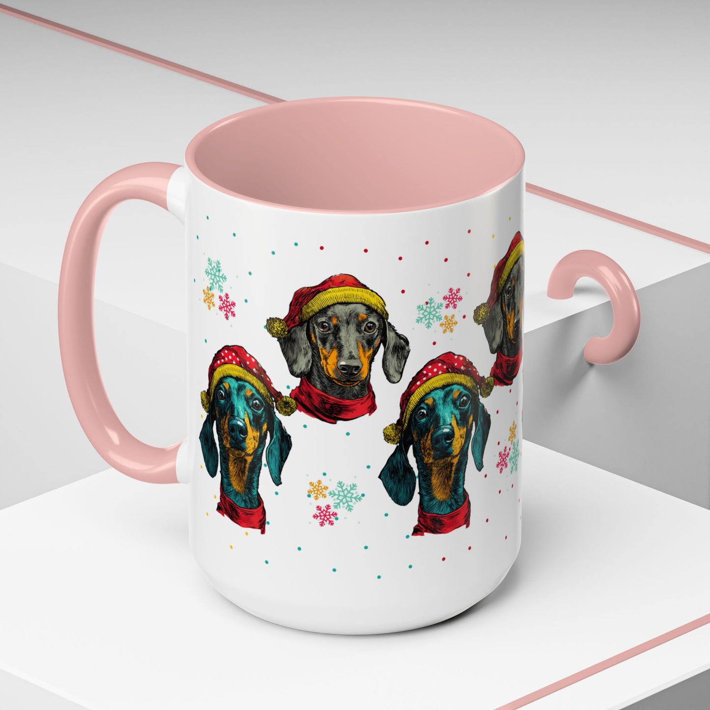 Dachshund Christmas Mug - Holiday Wiener Dog Cup - Cute Doxie Dog Lover Gift - Santa Hat Dachshund Coffee Mug - Colorful Dog Art Mug