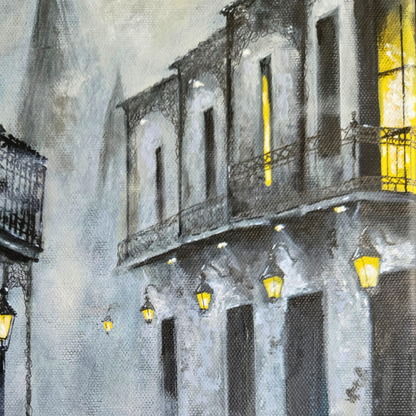Foggy French Quarter Original Painting ~ New Orleans Street Art ~ St. Louis Cathedral ~ Moody Night Cityscape ~ 9x12 Acrylic on Canvas