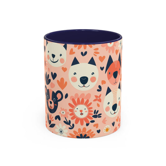 Whimsical Woodland Animals Mug, Cute Fox & Bear Coffee Cup, Peach and Navy Forest Friends Gift
