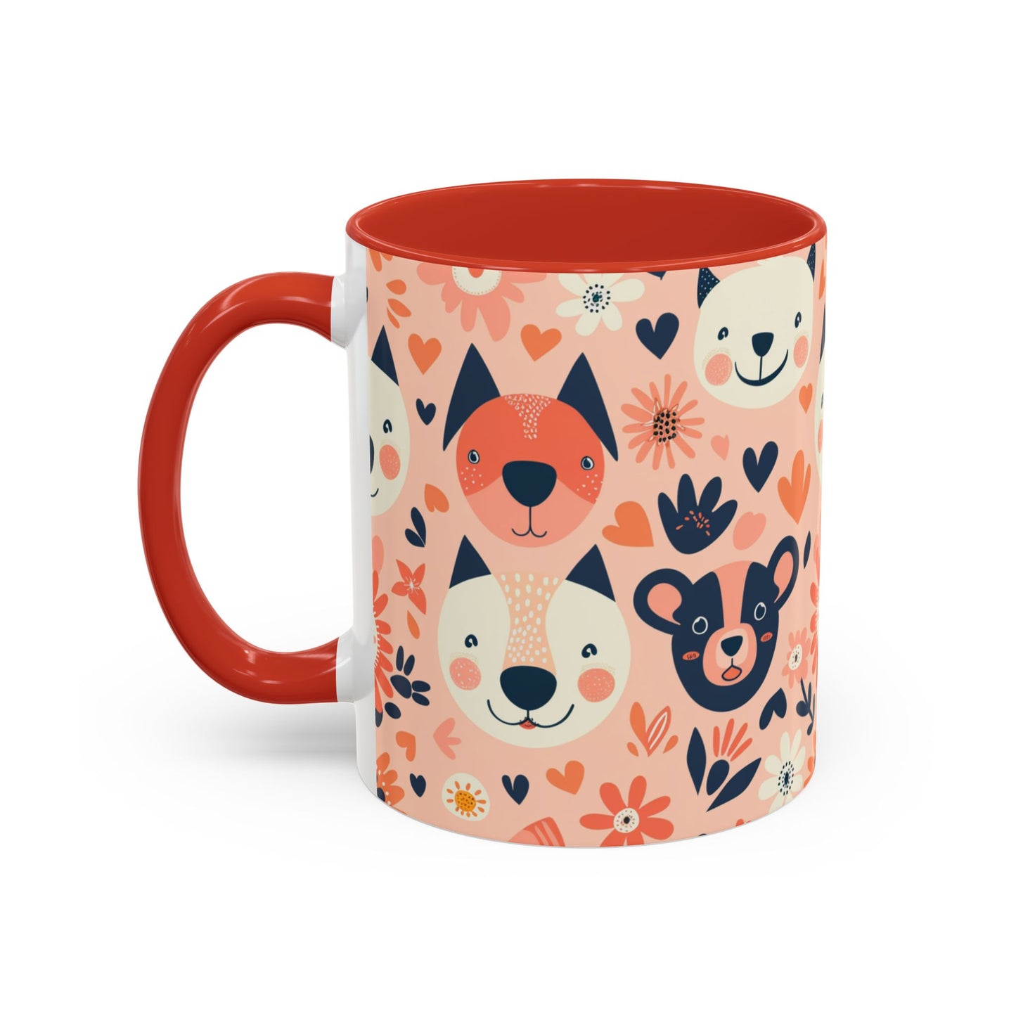 Whimsical Woodland Animals Mug, Cute Fox & Bear Coffee Cup, Peach and Navy Forest Friends Gift