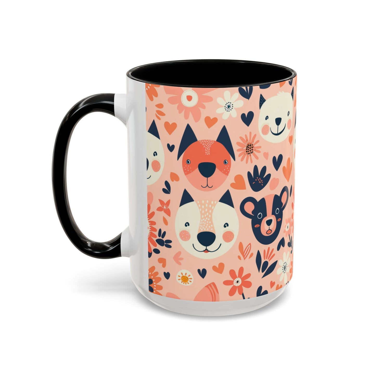 Whimsical Woodland Animals Mug, Cute Fox & Bear Coffee Cup, Peach and Navy Forest Friends Gift