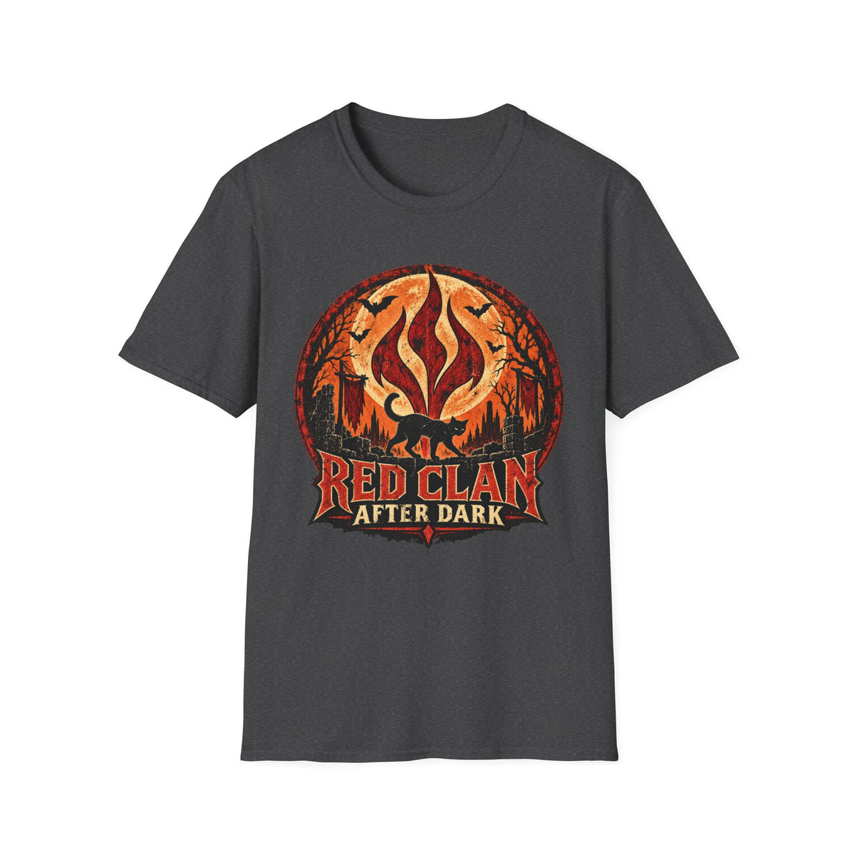 Red Clan After Dark Shirt, Black Cat Halloween Tee, Gothic Fantasy Shirt, Spooky Moon Graphic Tee, Dark Fantasy Halloween T-Shirt