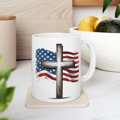 Faith & Freedom Mug, American Flag and Cross, Christian Patriot Coffee Cup, Inspirational USA Gift, God Bless America Mug