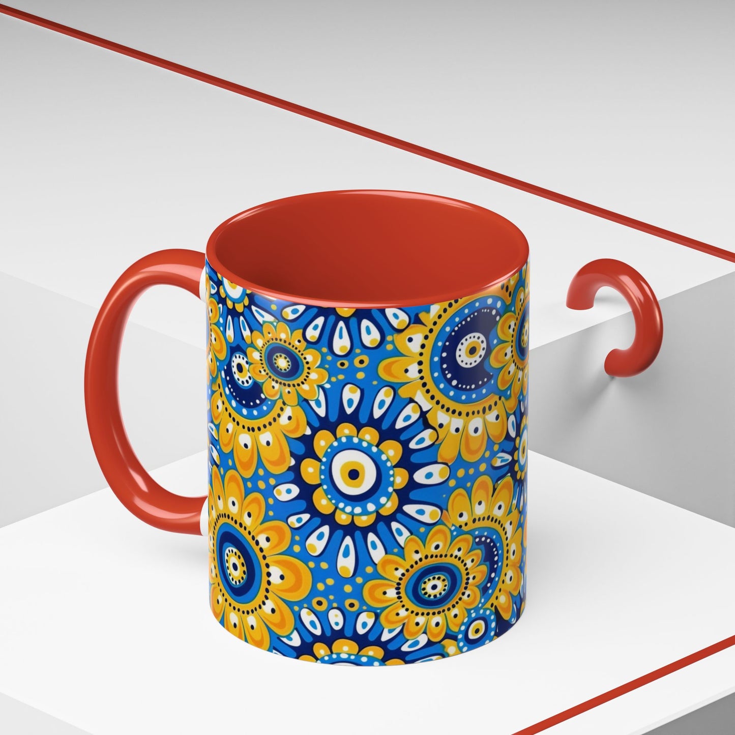Bold Blue and Gold Flora,l Mug  Retro Boho Flower Coffee Cup, Vibrant Mandala-Inspired Pattern