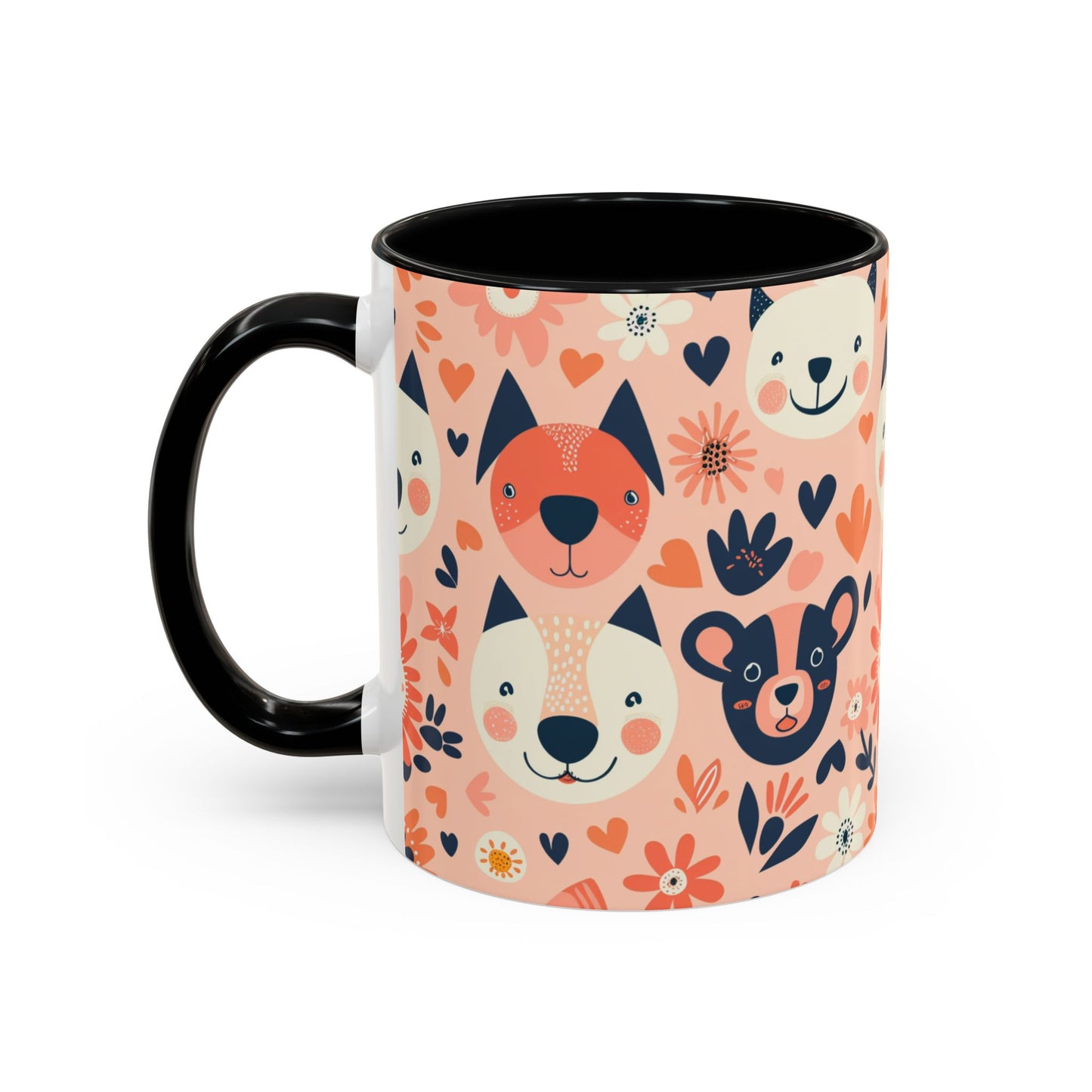 Whimsical Woodland Animals Mug, Cute Fox & Bear Coffee Cup, Peach and Navy Forest Friends Gift