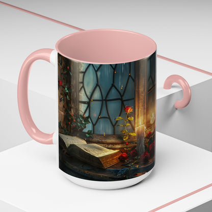 Candlelight Study Mug, Gothic Book and Roses Coffee Cup, Cozy Dark Academia Library Gift, Anniversary, Soft Atmosphere