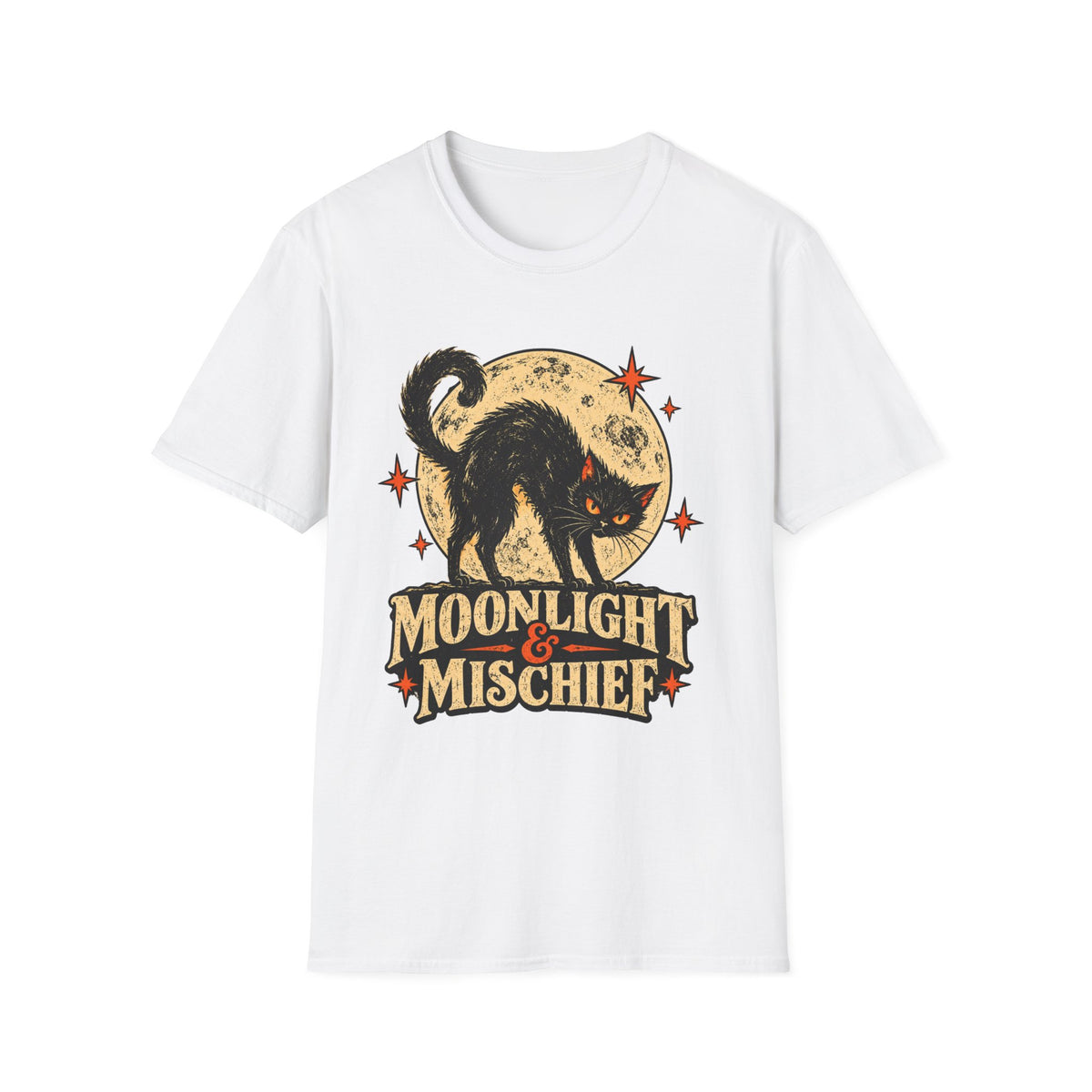 Moonlight & Mischief Black Cat Halloween Shirt, Vintage Halloween Cat Tee, Retro Spooky Moon T-Shirt, Gothic Cat Lover Gift