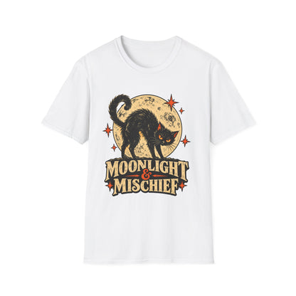Moonlight & Mischief Black Cat Halloween Shirt, Vintage Halloween Cat Tee, Retro Spooky Moon T-Shirt, Gothic Cat Lover Gift
