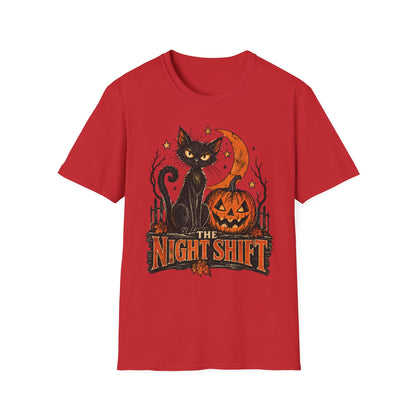 The Night Shift Black Cat Halloween Shirt, Vintage Halloween Cat T-Shirt, Retro Pumpkin Spooky Season Tee