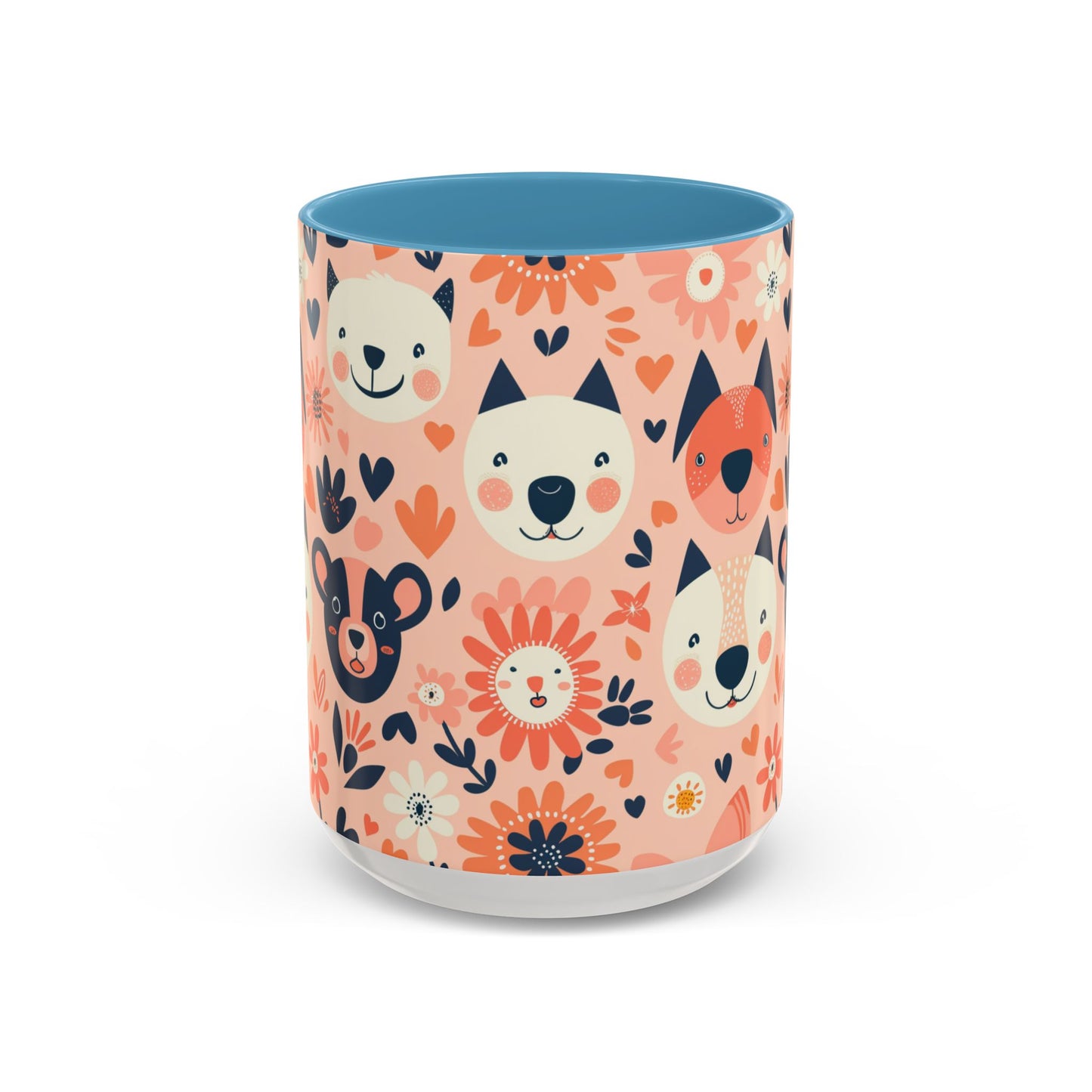 Whimsical Woodland Animals Mug, Cute Fox & Bear Coffee Cup, Peach and Navy Forest Friends Gift