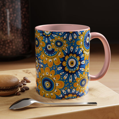 Bold Blue and Gold Flora,l Mug  Retro Boho Flower Coffee Cup, Vibrant Mandala-Inspired Pattern