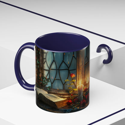 Candlelight Study Mug, Gothic Book and Roses Coffee Cup, Cozy Dark Academia Library Gift, Anniversary, Soft Atmosphere