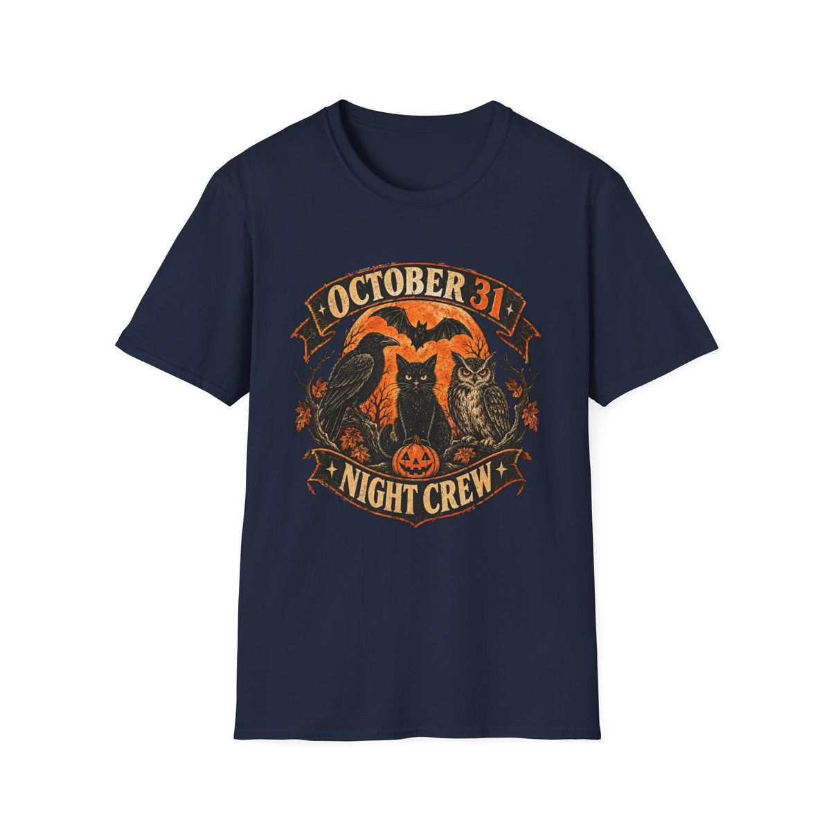 October 31 Night Crew Shirt, Vintage Halloween Graphic Tee, Black Cat Raven Owl Bat Shirt, Spooky Fall T-Shirt, Halloween Night Crew
