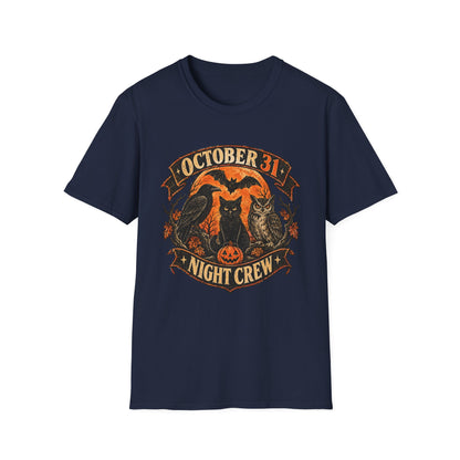 October 31 Night Crew Shirt, Vintage Halloween Graphic Tee, Black Cat Raven Owl Bat Shirt, Spooky Fall T-Shirt, Halloween Night Crew