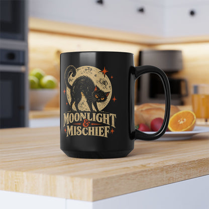 Moonlight & Mischief Black Cat Mug, Vintage Halloween Coffee Mug, Spooky Cat Gift, Retro Halloween Mug