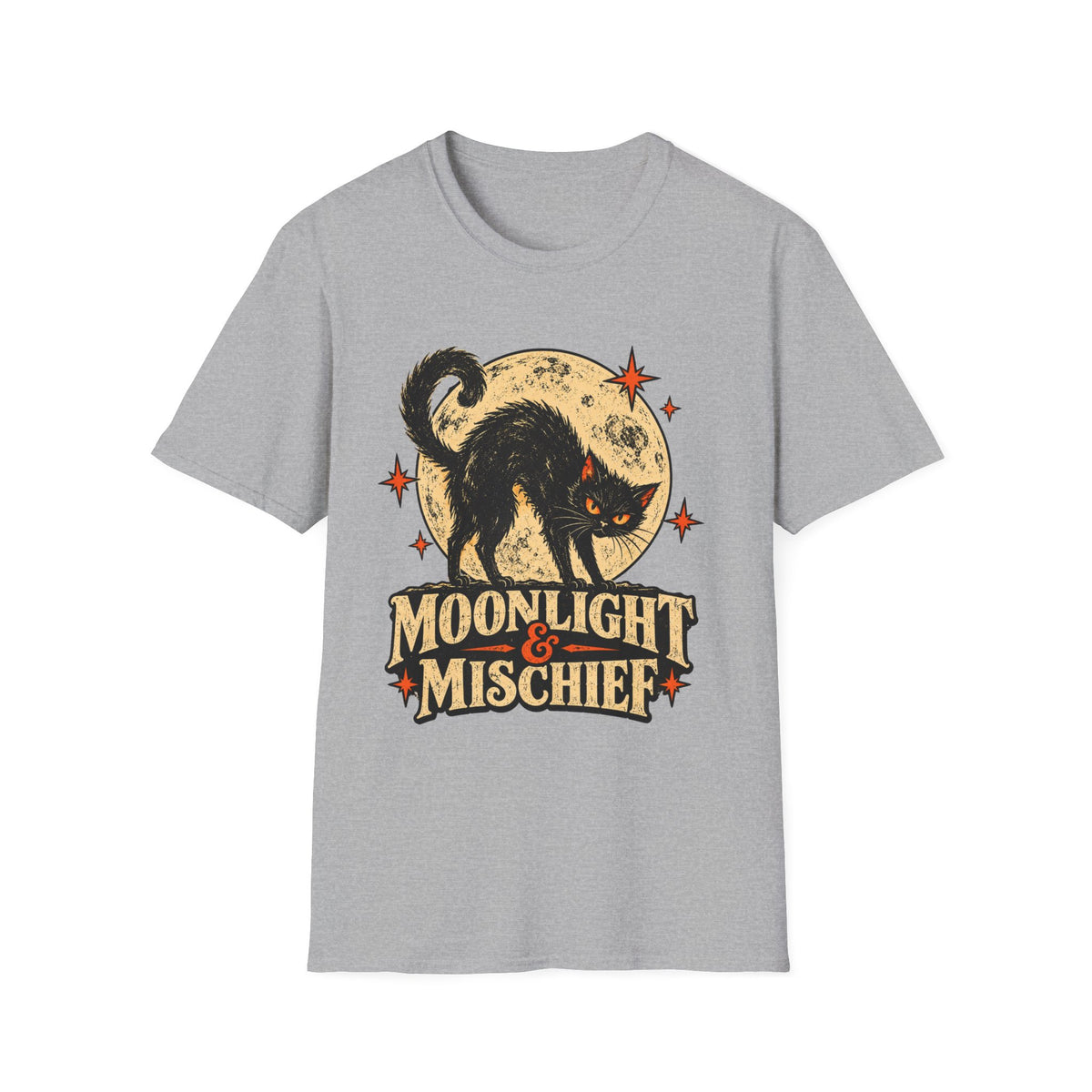 Moonlight & Mischief Black Cat Halloween Shirt, Vintage Halloween Cat Tee, Retro Spooky Moon T-Shirt, Gothic Cat Lover Gift